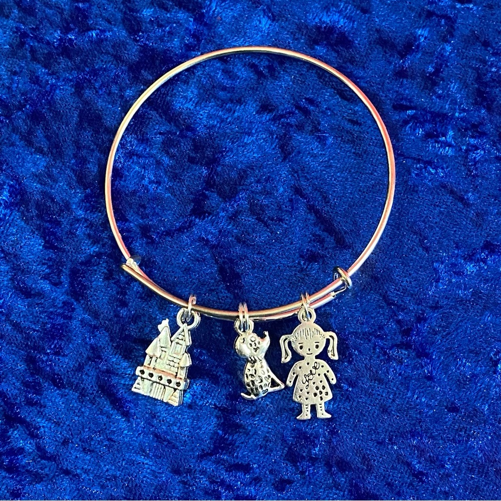 Handmade Bangle bracelet with girl house and dog pendants silver in color